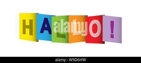 Colorful banner that says HELLO!. The letters are written on colored rectangles Stock Vector