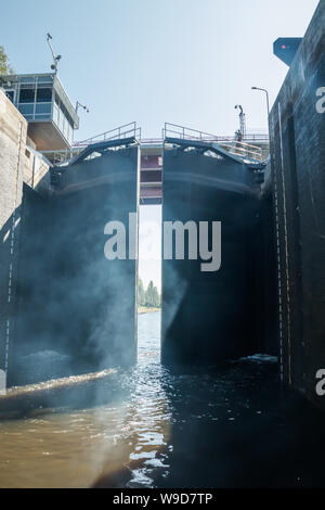Lappeenranta, Finland - August 7, 2019: Lock on the Saimaa Canal at Malkia. View from water. Stock Photo