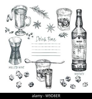 Vintage hand drawn sketch design bar, restaurant, cafe menu on white background. Graphic vector art. Iwhiskey with ice and mulled wine Creative Stock Vector