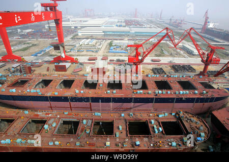 View of ships under construction at a shipyard of Jiangnan Shipyard (Group) Co., Ltd., a subsidiary of China State Shipbuilding Corporation (CSSC), on Stock Photo