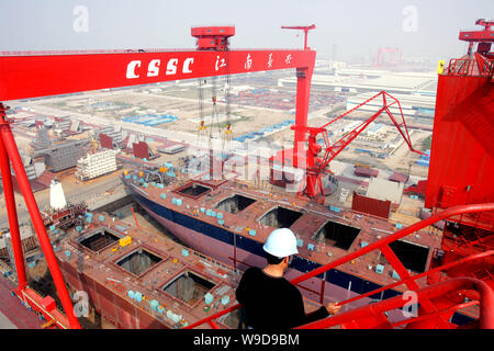 View of ships under construction at a shipyard of Jiangnan Shipyard (Group) Co., Ltd., a subsidiary of China State Shipbuilding Corporation (CSSC), on Stock Photo