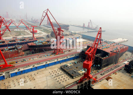 View of ships under construction at a shipyard of Jiangnan Shipyard (Group) Co., Ltd., a subsidiary of China State Shipbuilding Corporation (CSSC), on Stock Photo