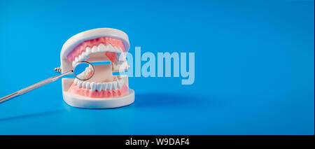 tooth model and dental mirror on blue background with copy space Stock Photo