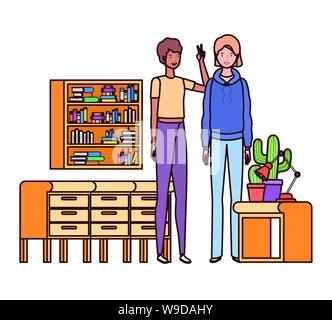 women standing with bookshelf of wooden and books Stock Vector
