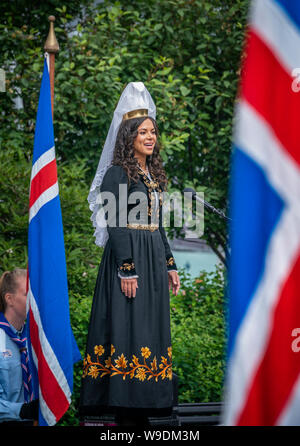 Fjallkonan- 'Lady of the Mountain' dressed in Iceland's national costume, Independence day, June 17th, Reykjavik, Iceland. Stock Photo