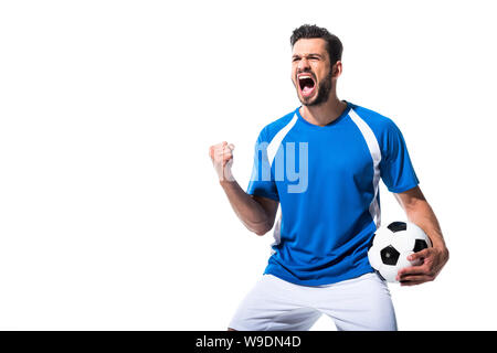 excited soccer player with ball and clenched hand Isolated On White Stock Photo