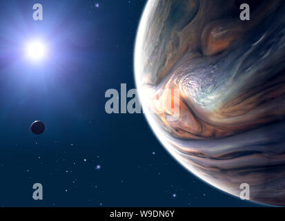 Jupiter and moon, satellite view of the planet and sun. View of a satellite orbiting the planet. 3d render Stock Photo
