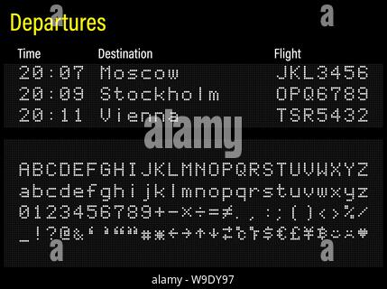 LED electronics digital font, letters, numbers and symbols vector illustration for airport panel, train information and sport scoreboard - white font Stock Vector