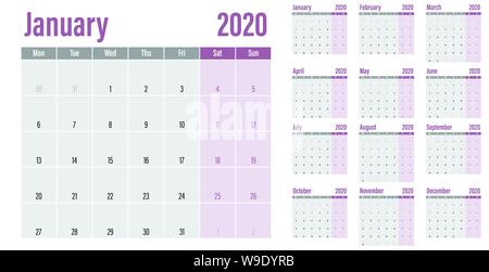 Calendar planner 2020 template vector illustration all 12 months week starts on Monday and indicate weekends on Saturday and Sunday Stock Vector