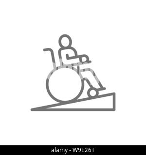 Man in wheelchair, wheelchair ramp, people with mobility problems line icon. Stock Vector