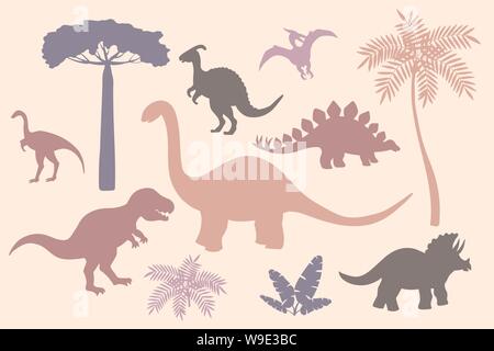 Set of colorful silhouettes of dinosaurs on pink background, stegosaurus, Triceratops, Tyrannosaurus, Brontosaurus, pterodactyl and others Stock Vector