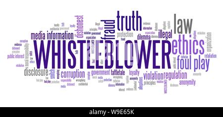 Whistleblower - company law violation. Moral responsibility concept word cloud. Stock Photo