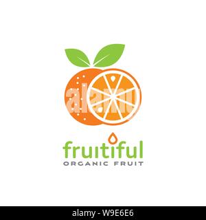 Organic fruit company logo template with orange. Food industry or agriculture business design element vector illustration. Sample text on separate lay Stock Vector