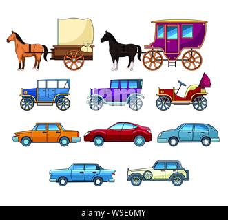 Vintages classec and modern cars with horse carriages Stock Vector