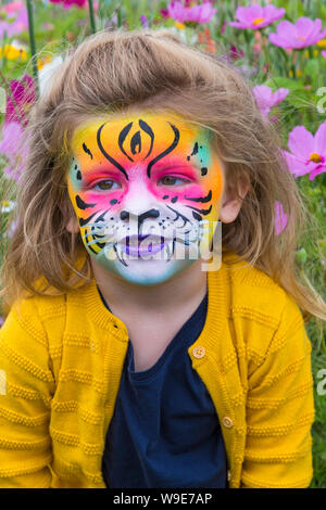 Lola aged 2.5 with painted lion face among flowers, Cosmos flowers, at New Forest & Hampshire County Show, Brockenhurst, Hampshire UK in July Stock Photo