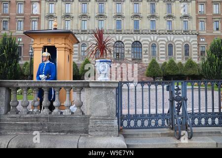 STOCKHOLM, SWEDEN - AUGUST 23, 2018: Female Royal Guard in Stockholm, Sweden. Royal Guards are responsible for protecting the Swedish Royal Family. Stock Photo