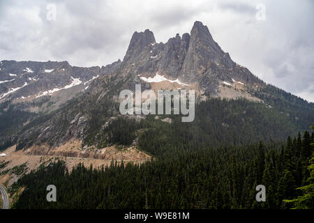 Liberty Bell Mountain, as seen from Washington Pass Overlook on the North Cascades Scenic Highway Stock Photo