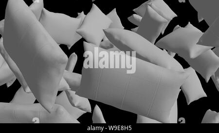close up of Many white pillows flying over black background. pillows fight concept. comfort and rest concept. Stock Photo