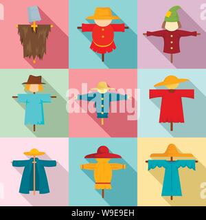 Scarecrow icons set. Flat set of scarecrow vector icons for web design Stock Vector