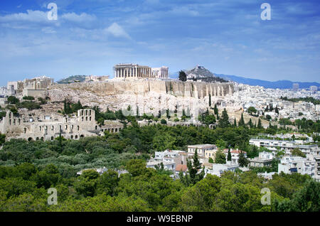 Panorama of Athens with Acropolis hill, Greece. Scenic view of remains of antique Athens city. Stock Photo