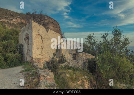 Motril, Granada, Andalusi, Spain - February 10, 2019: Sunset in a house ruins in front of the cost, south coast of Spain Stock Photo