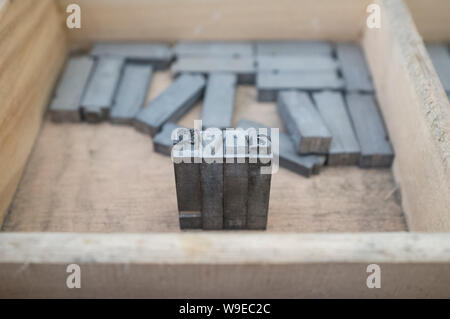 Historical printing furniture. Lettering and typing service drawer Stock Photo