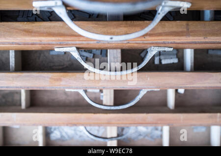Typing service drawers. Historical printing furniture. Selective focus Stock Photo