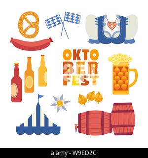 Oktoberfest hand drawn flat color vector icons set Stock Vector
