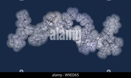 Neurotensin neurotransmitter peptide molecule in DPC micelles. Illustration is represented with semi-transparent surfaces. 3D rendering Stock Photo