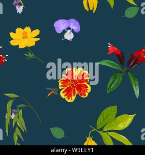 Seamless pattern of colorful realistic flower on green background, vector illustratiom. Stock Vector