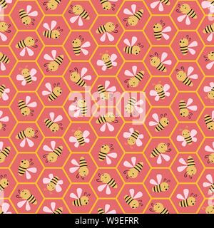 Cute cartoon honey bees in honeycomb cells. Seamless geometric vector pattern on coral pink background. Great for children, garden, kindergarten Stock Vector