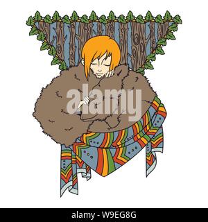 Ethnic illustration, sleeping girl and bear. Use for printing, posters, t-shirt design, cards. Vector illustration isolated on white background. Stock Vector