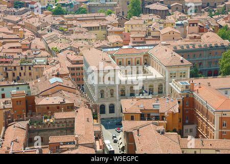 Bologna Aerial Panoramic Cityscape. Beautiful view of the italian medieval city of Bologna with Piazza del Francia square, Italy. Stock Photo