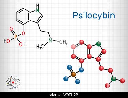 Psilocybin alkaloid molecule. It is naturally psychedelic prodrug. Structural chemical formula and molecule model. Sheet of paper in a cage.Vector ill Stock Vector
