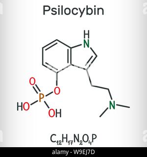 Psilocybin alkaloid molecule. It is naturally psychedelic prodrug. Structural chemical formula. Vector illustration Stock Vector