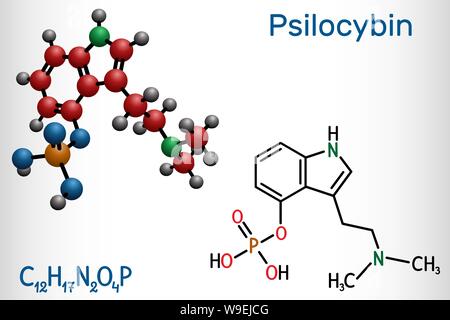 Psilocybin alkaloid molecule. It is naturally psychedelic prodrug. Structural chemical formula and molecule model. Vector illustration Stock Vector