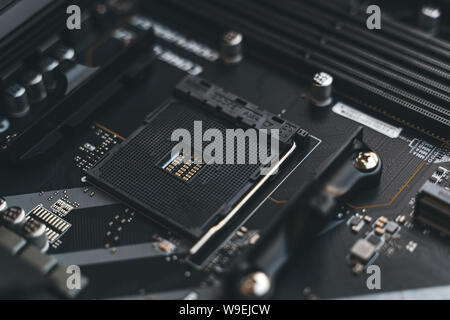 MSI X570 motherboard. New Zen 2, 7 nanometer desktop CPU by AMD. Very popular 3rd generation Ryzen 3000 processors motherboard supporting PCIE 4.0. Stock Photo