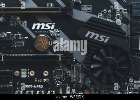 MSI X570 motherboard. New Zen 2, 7 nanometer desktop CPU by AMD. Very popular 3rd generation Ryzen 3000 processors motherboard supporting PCIE 4.0. Stock Photo