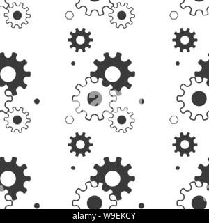 Seamless pattern with gears. Black and white thin line icons on white Stock Vector