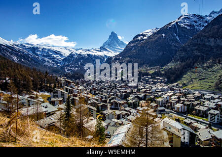 Panoramic view of the famous Matterhorn and Zermatt in the Swiss Alps, Switzerland Stock Photo