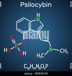 Psilocybin alkaloid molecule. It is naturally psychedelic prodrug. Structural chemical formula on the dark blue background. Vector illustration Stock Vector