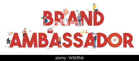 brand ambassador large text concept of influencers representing product or company as a person for public communication marketing. Stock Vector