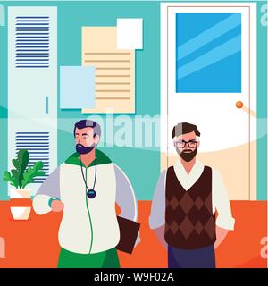 teachers classic and sports in school corridor vector illustration design Stock Vector