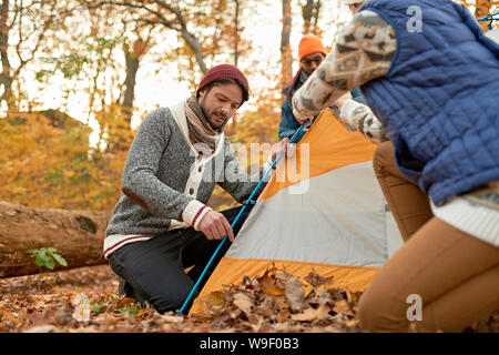 Group of Canadian hikers setting up a tent in a fall forrest Stock Photo