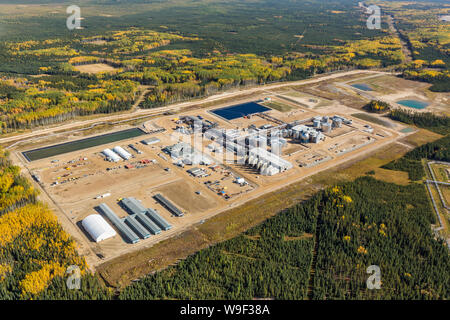 Aerial photo of Devon Jackfish Two SAGD (Steam Assisted Gravity Drainage) operations in the oiil sands south of Fort McMurray, Alberta. Stock Photo