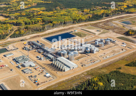 Aerial photo of Devon Jackfish Two SAGD (Steam Assisted Gravity Drainage) operations in the oiil sands south of Fort McMurray, Alberta. Stock Photo