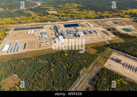 Aerial photo of Devon Jackfish Two SAGD (Steam Assisted Gravity Drainage) operations in the oiil sands south of Fort McMurray, Alberta. Stock Photo