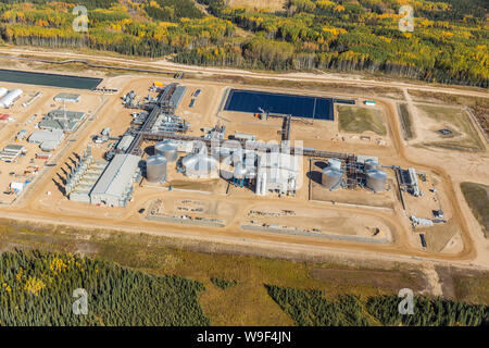 Aerial photo of Devon Jackfish Two SAGD (Steam Assisted Gravity Drainage) operations in the oiil sands south of Fort McMurray, Alberta. Stock Photo