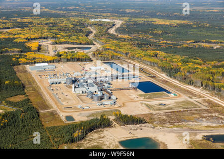 Aerial photo of Devon Jackfish Two SAGD (Steam Assisted Gravity Drainage) operations in the oiil sands south of Fort McMurray, Alberta. Stock Photo