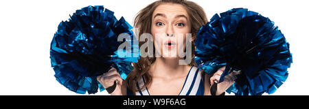 cheerleader girl in blue uniform with obscure face and pompoms